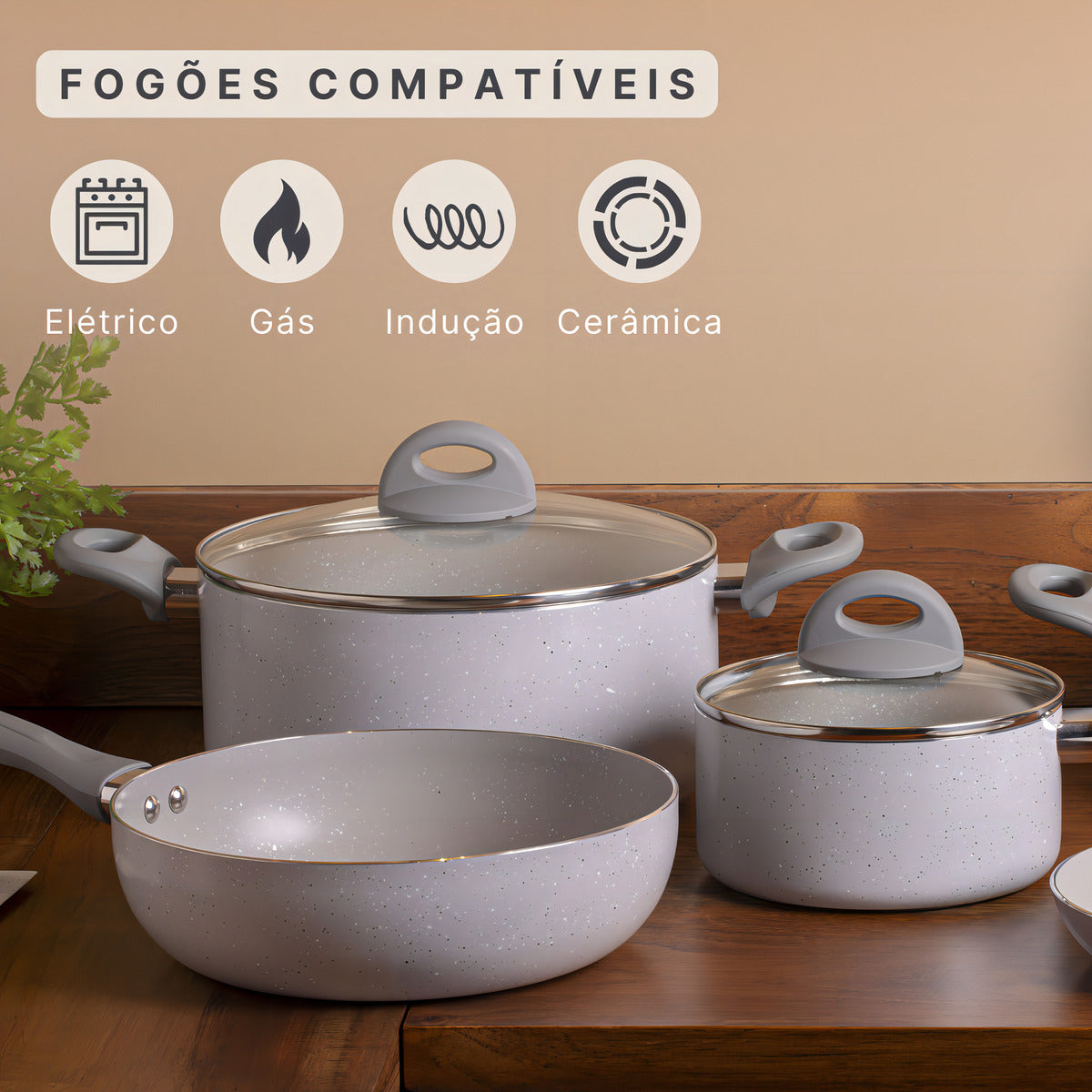 Jogo De Panelas 5 Peças Ceramic Life Marble Blend Brinox Cor Cinza