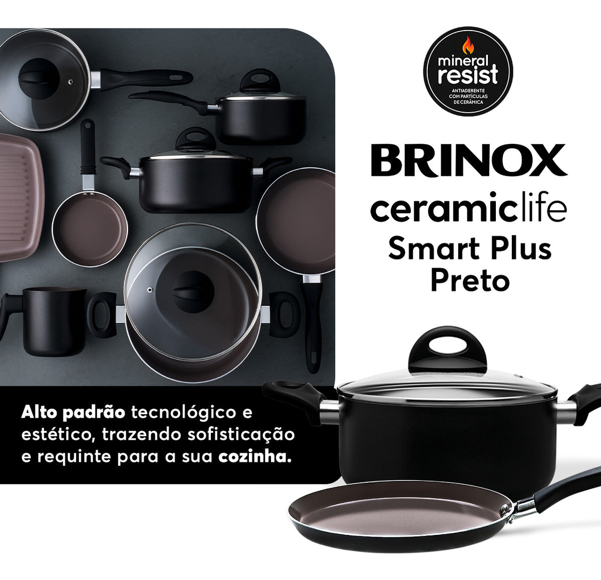 Jogo De Panelas Brinox Ceramic Life Smart Plus 8 Peças Preto