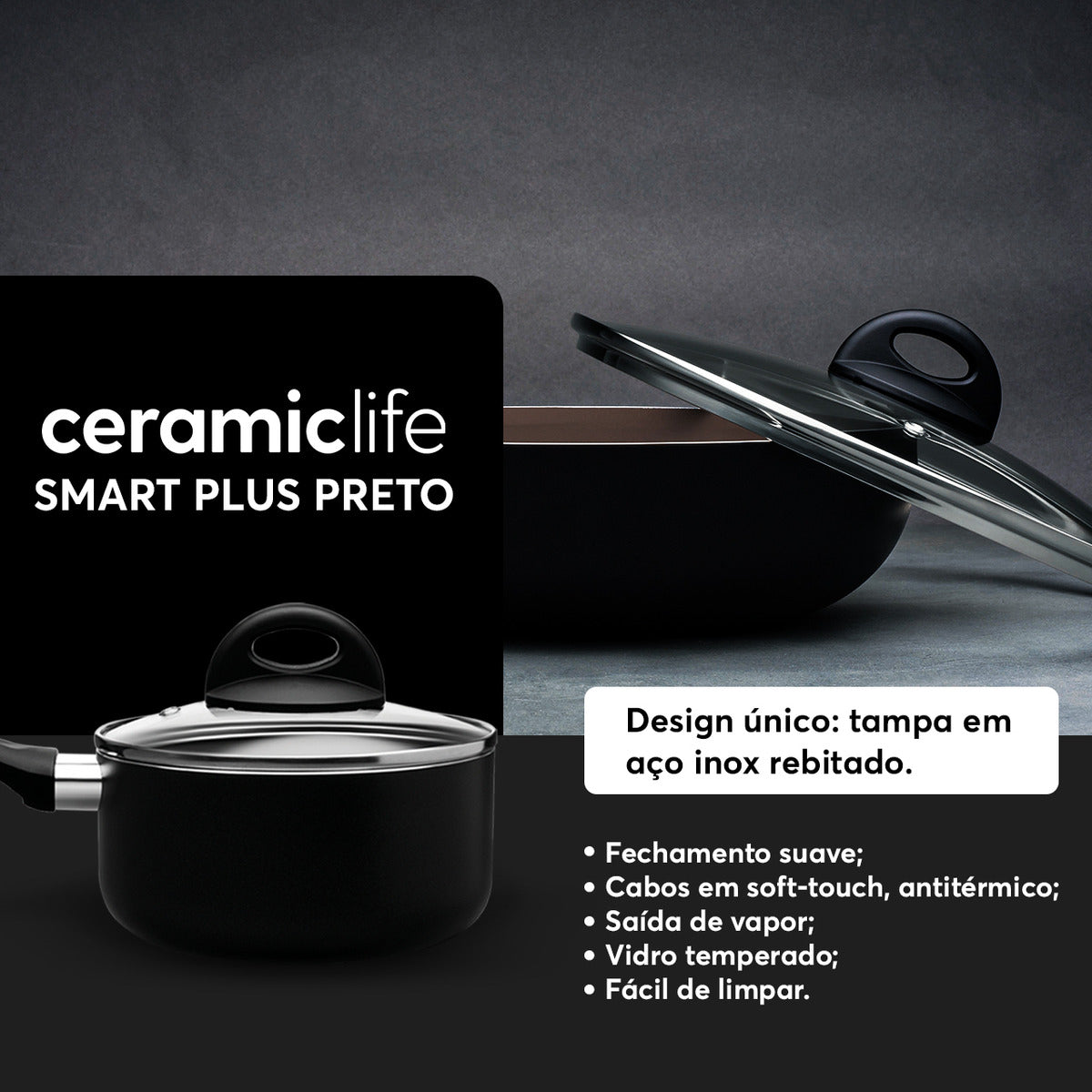 Jogo De Panelas Brinox Ceramic Life Smart Plus 8 Peças Preto
