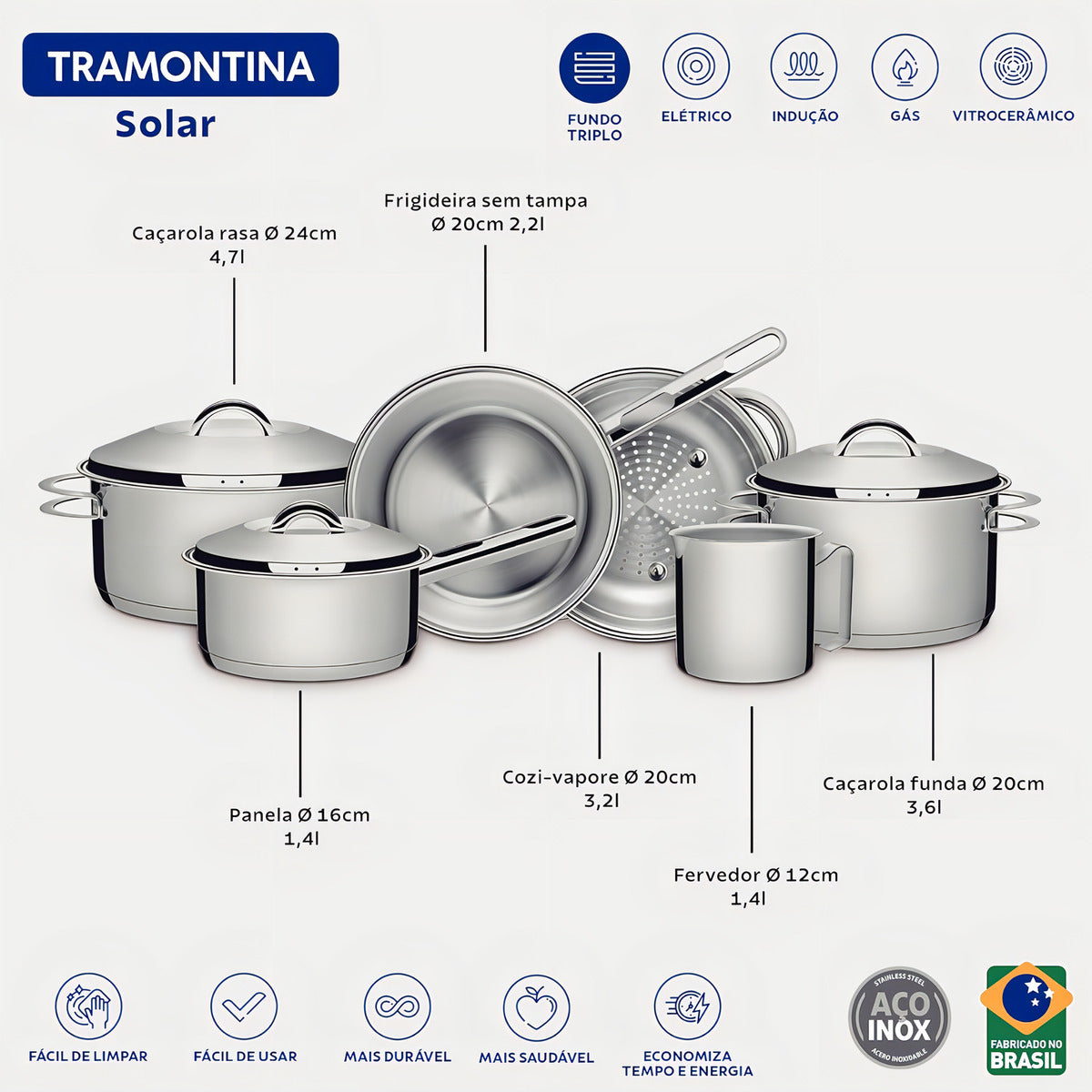 Jogo De Panelas Tramontina Solar Inox 6 Peças - Indução, Fundo Triplo, Alta Performance E Durabilidade, Design Moderno E Prático Para Sua Cozinha