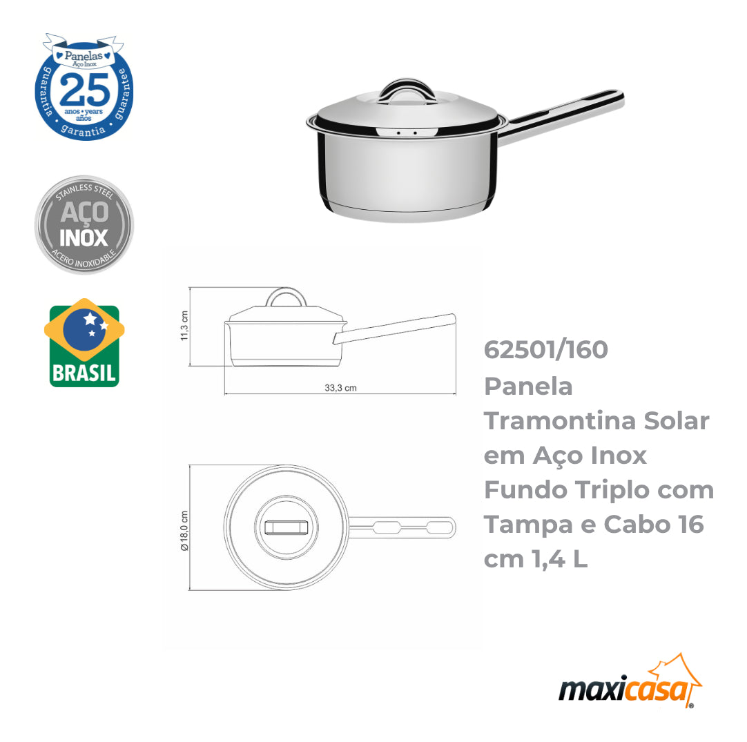 Panela Solar em Aço Inox Fundo Triplo com Tampa e Cabo 16 cm 1,4 Litros Cor Prata Tramontina