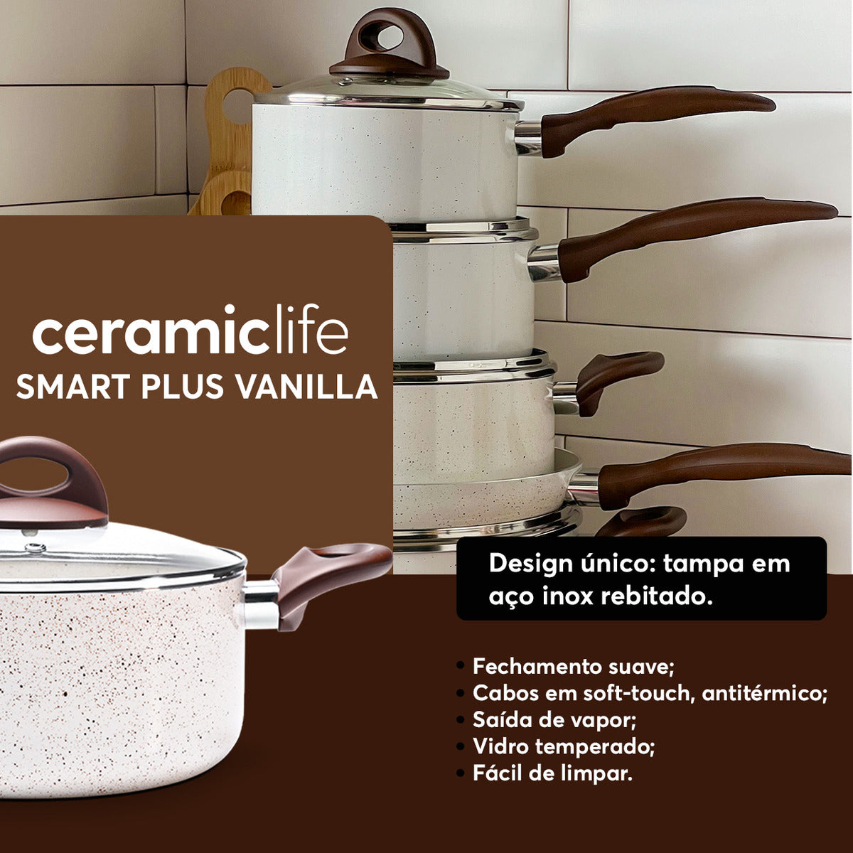 Jogo De Panelas 7 Peças Brinox Ceramic Life Vanilla