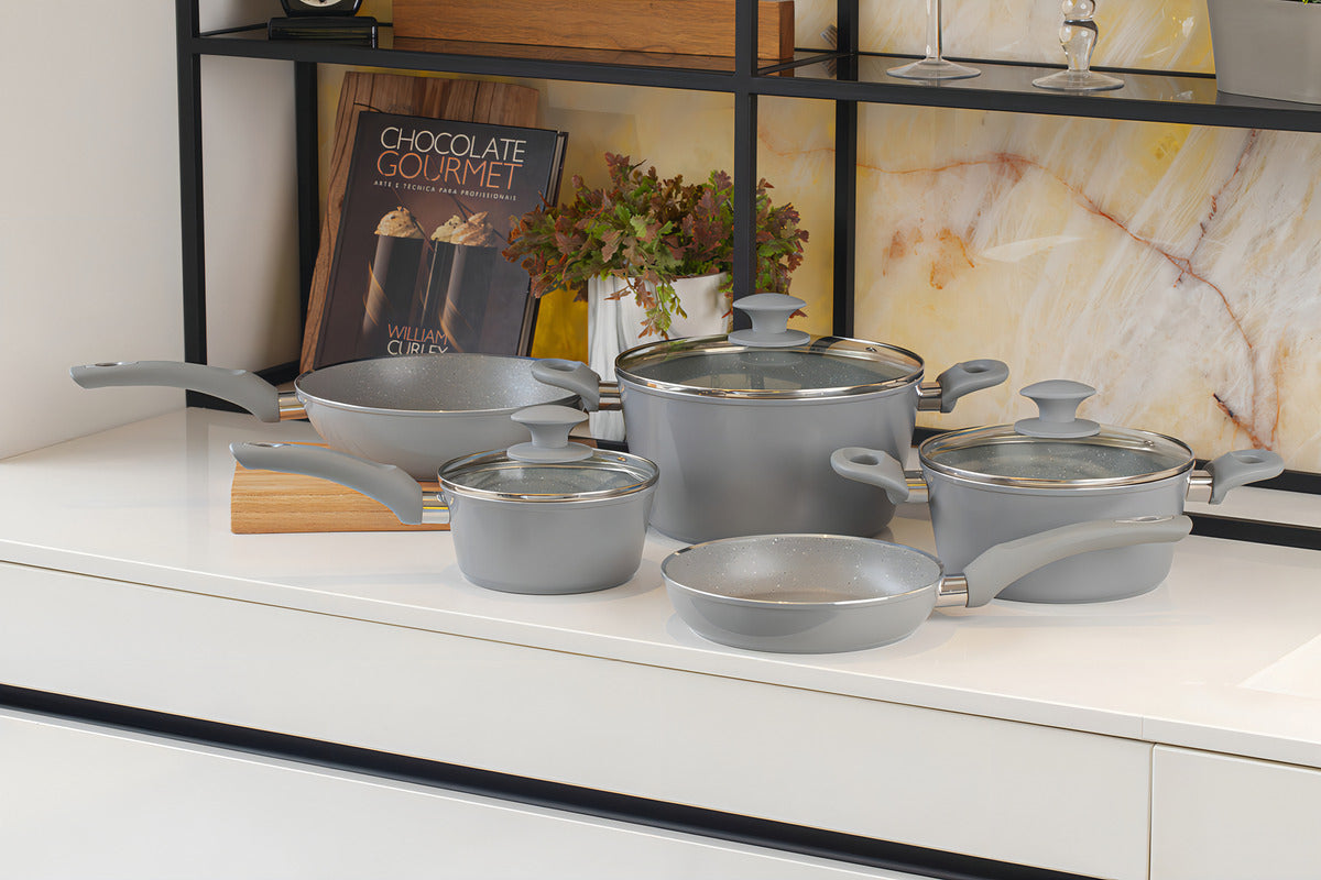 Jogo De Panelas 5 Peças Ceramic Life Marble Blend Brinox Cor Cinza