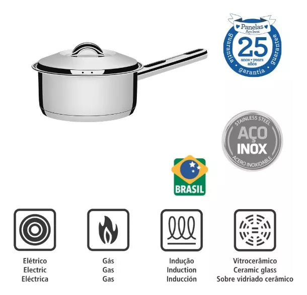 Panela Solar em Aço Inox Fundo Triplo com Tampa e Cabo 16 cm 1,4 Litros Cor Prata Tramontina