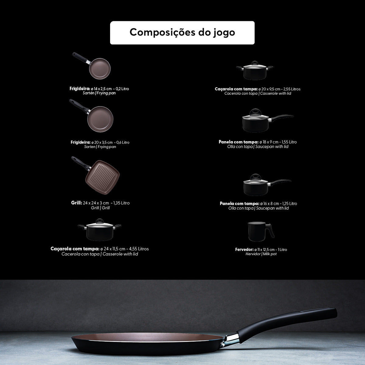 Jogo De Panelas Brinox Ceramic Life Smart Plus 8 Peças Preto