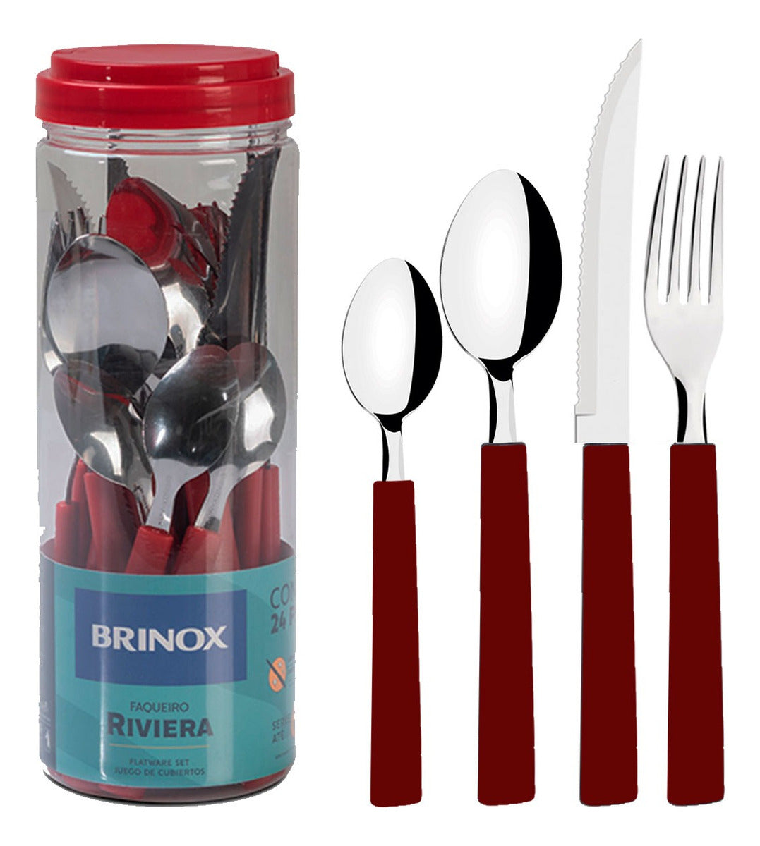 Faqueiro Riviera Em Aço Inox Vermelho 24 Pcs Brinox 6025/752