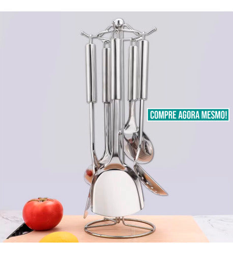 Conjunto Utensílios Cozinha Aço Inox 7 Peças Suporte Grande