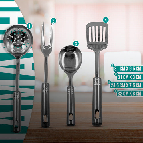Conjunto Utensílios Cozinha Aço Inox 7 Peças Suporte Grande