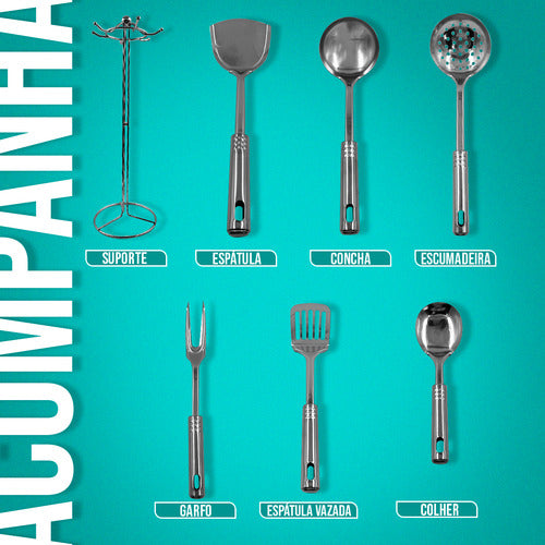 Conjunto Utensílios Cozinha Aço Inox 7 Peças Suporte Grande