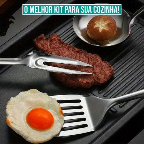Conjunto Utensílios Cozinha Aço Inox 7 Peças Suporte Grande