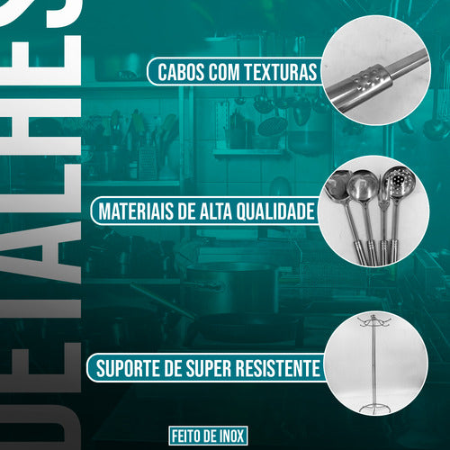 Conjunto Utensílios Cozinha Aço Inox 7 Peças Suporte Grande