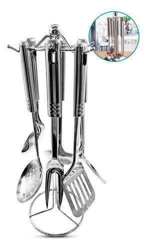 Conjunto Utensílios Cozinha Aço Inox 7 Peças Suporte Grande