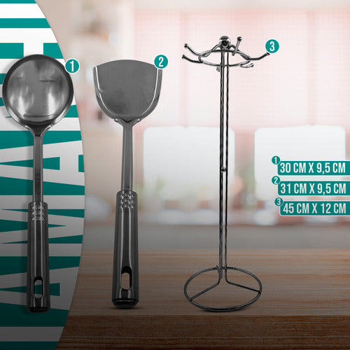 Conjunto Utensílios Cozinha Aço Inox 7 Peças Suporte Grande