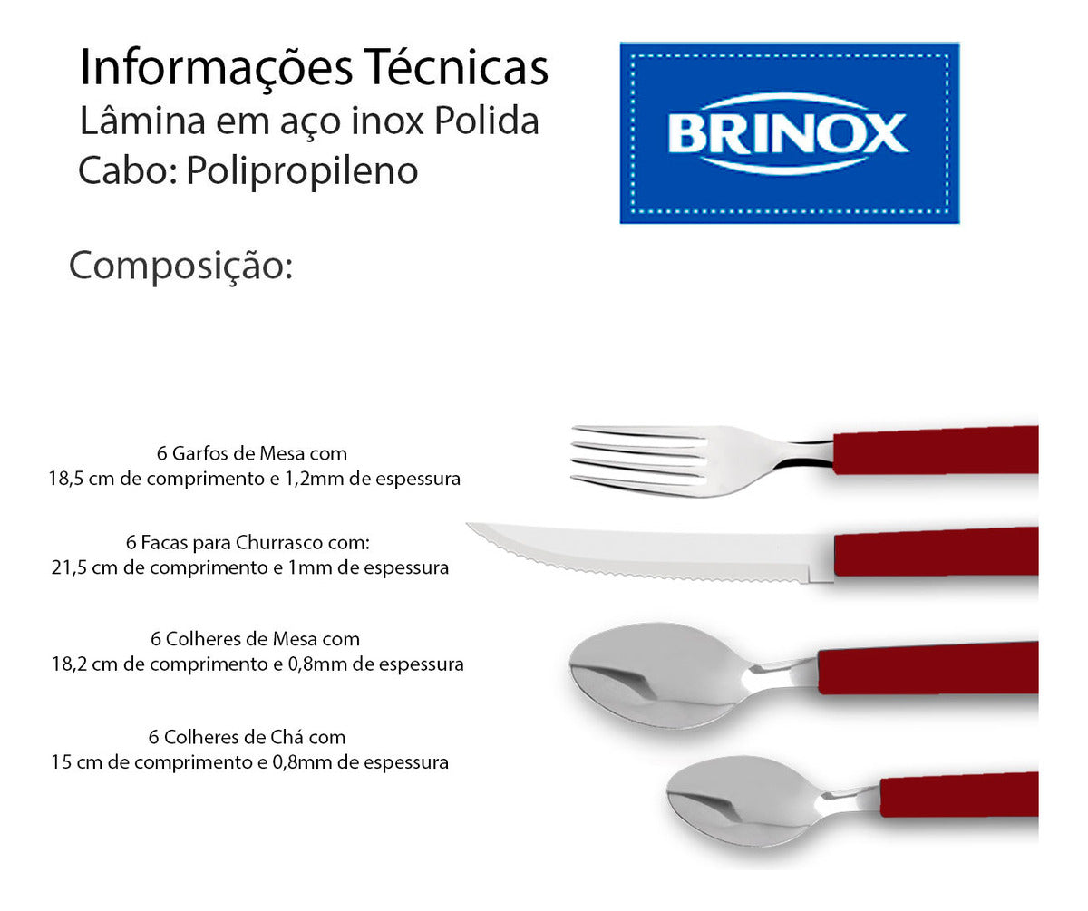 Faqueiro Riviera Em Aço Inox Vermelho 24 Pcs Brinox 6025/752