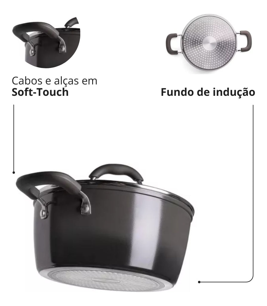 Jogo Panelas Antiaderentes Indução Rev Cerâmico 5 Pcs Brinox Cor Carbono