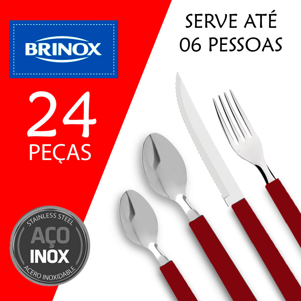 Faqueiro Riviera Em Aço Inox Vermelho 24 Pcs Brinox 6025/752