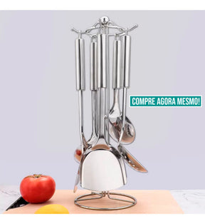 Conjunto Utensílios Cozinha Aço Inox 7 Peças Suporte Grande