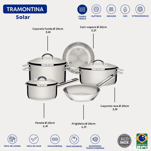 Jogo De Panelas Indução Tramontina Solar 5 Peças Aço Inox