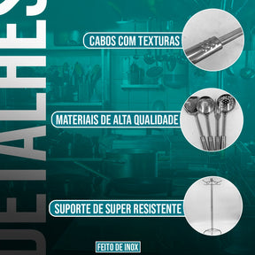 Conjunto Utensílios Cozinha Aço Inox 7 Peças Suporte Grande
